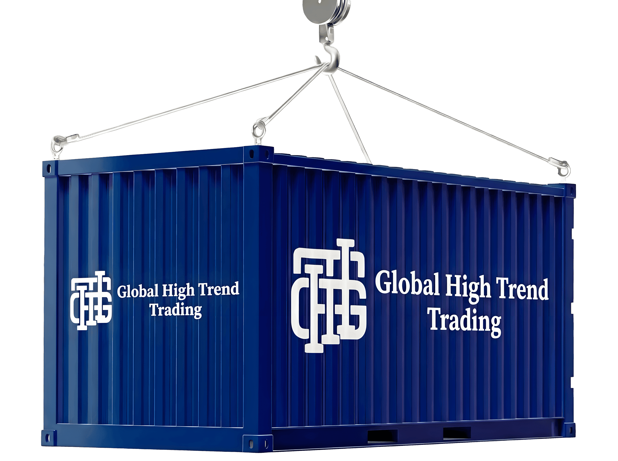 Shipping container with the Global High Trend Trading logo hanging from a crane
